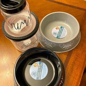 New two large dog bowls, one pet food jar, one small pet food jar